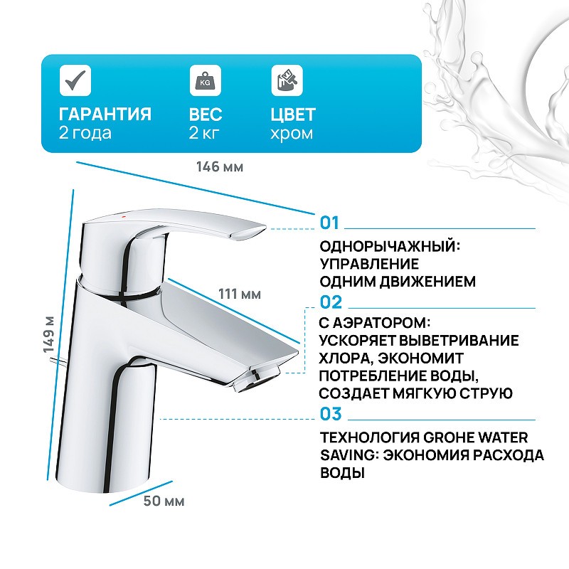 Смеситель для раковины Grohe Eurosmart 23965003 Хром