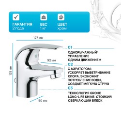 Смеситель для раковины Grohe Euroeco 23262000 Хром