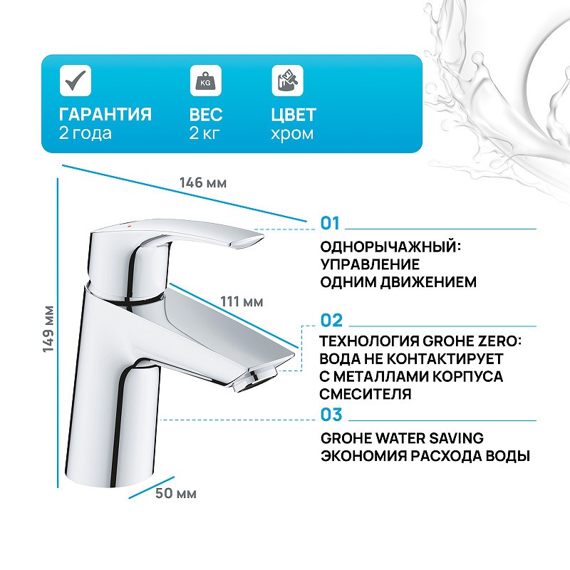 Смеситель для раковины Grohe Eurosmart 23968003 Хром