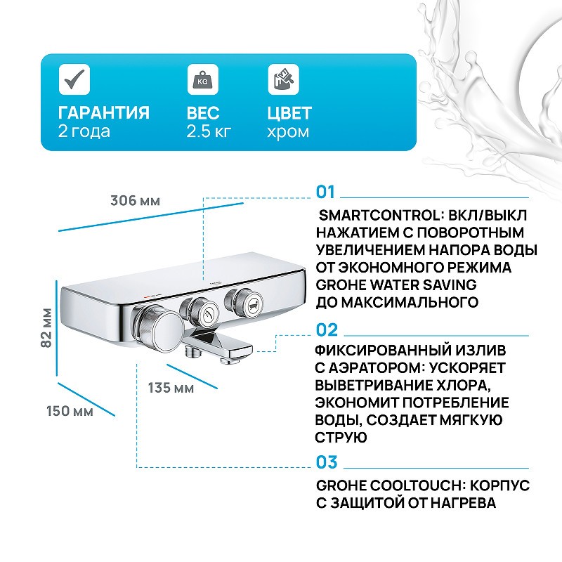 Смеситель для ванны Grohe Grohtherm SmartControl 34718000 с термостатом Хром