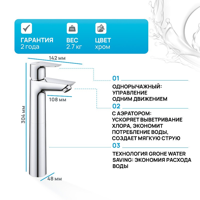 Смеситель для раковины Grohe BauEdge 23761001 Хром