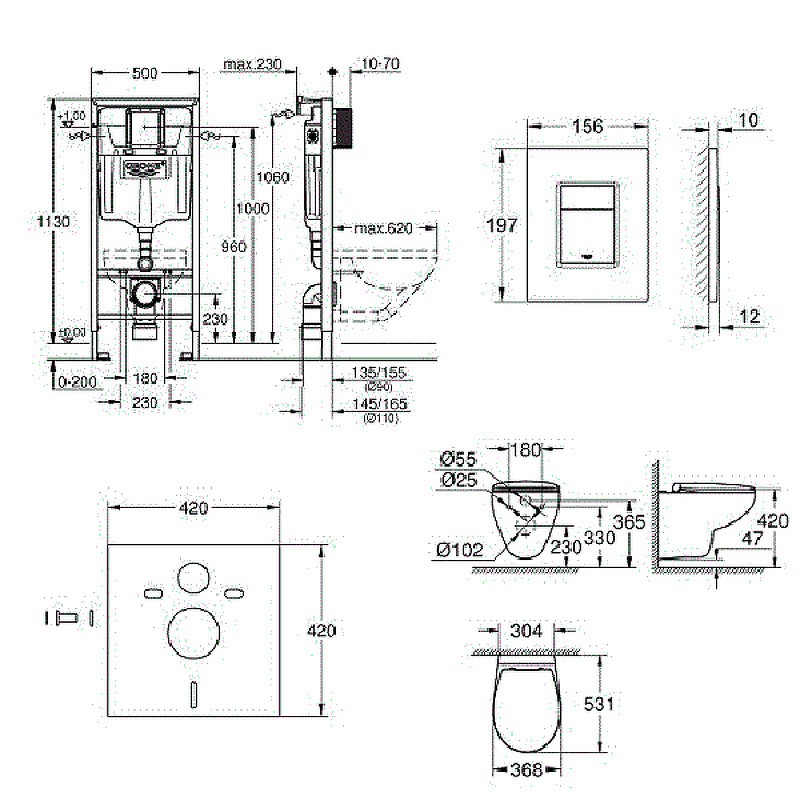 Комплект унитаза с инсталляцией Grohe Solido Compact 39586000 с сиденьем Микролифт и клавишей смыва Хром